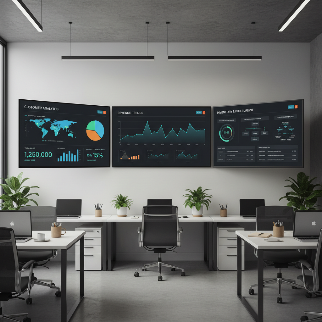 Modern banking office with digital screens showing financial data and analytics