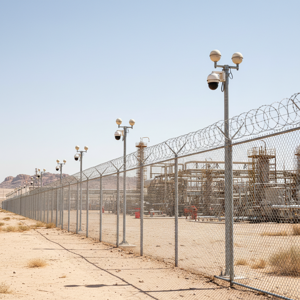 Oil and gas facility with industrial equipment and digital monitoring systems