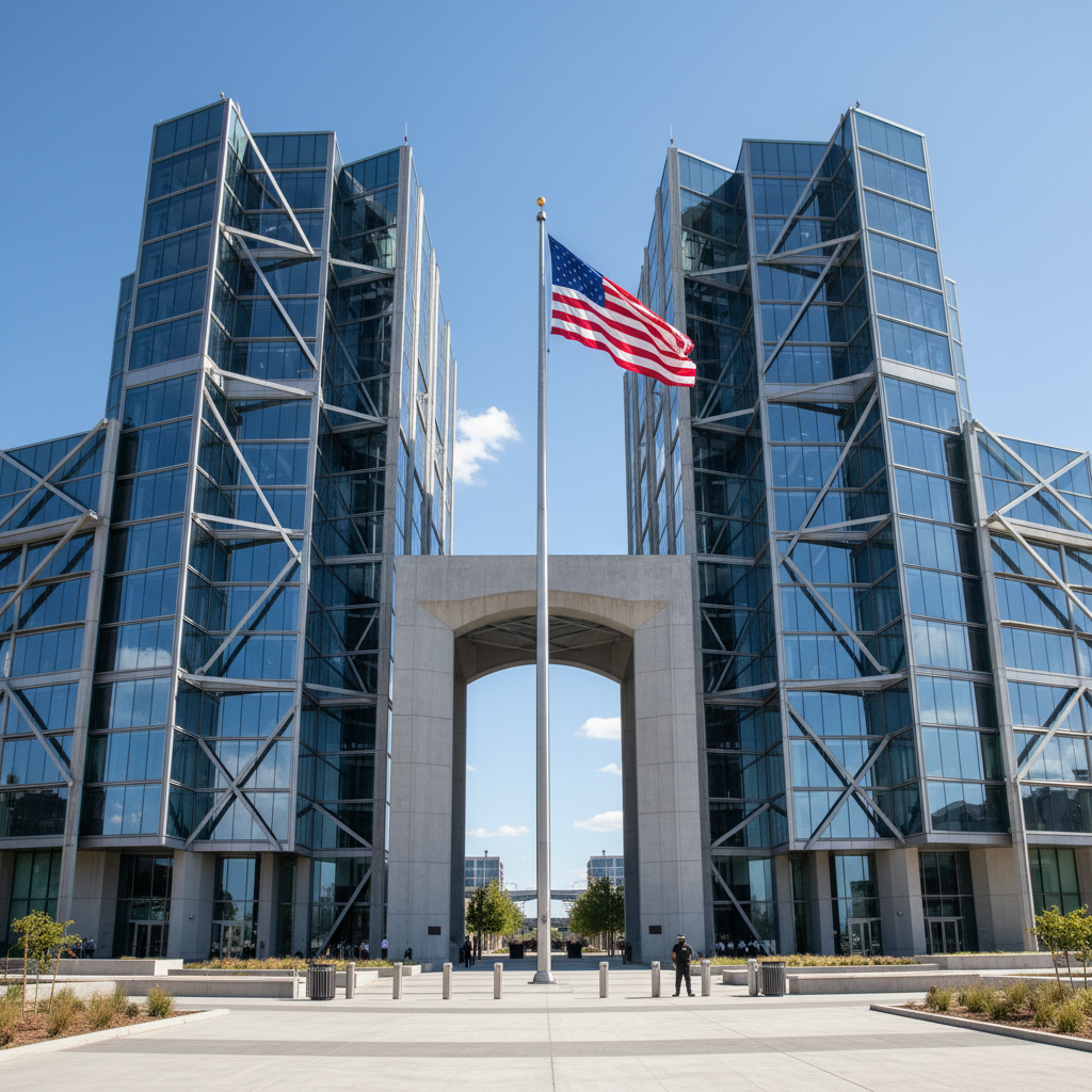 Government building with Nigerian flag and modern digital infrastructure