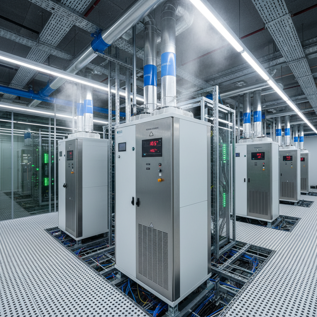 Data center cooling system with air conditioning units and temperature monitoring equipment