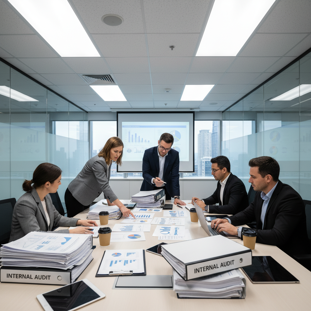 Professional business meeting in modern bank office with executives reviewing documents